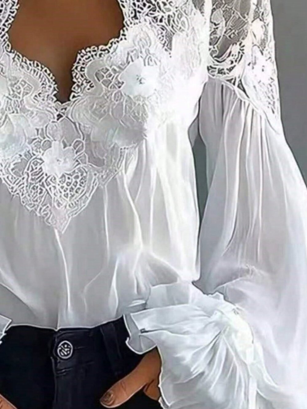 White Casual Women's Lace Trim V-Neck Chiffon Blouse - Picture 3 of 4